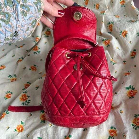 VTG 80s Ann Taylor Red Quilted Leather Mini Backpack Bag main image 9